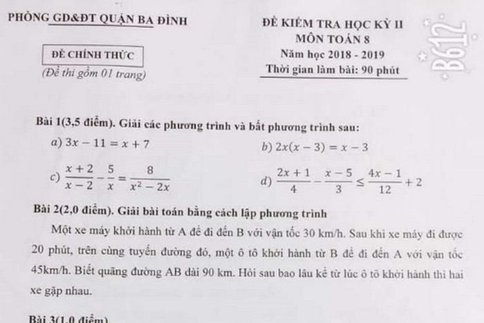 Đề thi học kì 2 môn Toán lớp 8 - Quận Ba Đình 2019