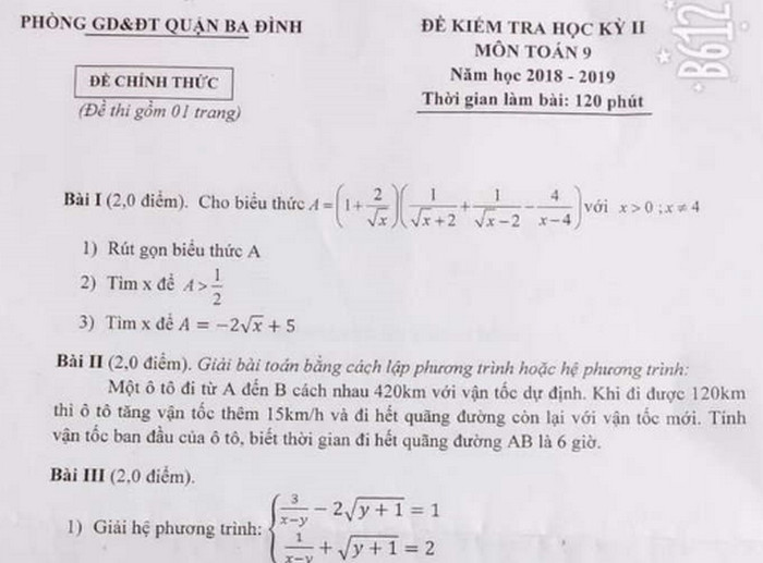 Đề thi học kì 2 lớp 9 môn Toán - Quận Ba  Đình 2019