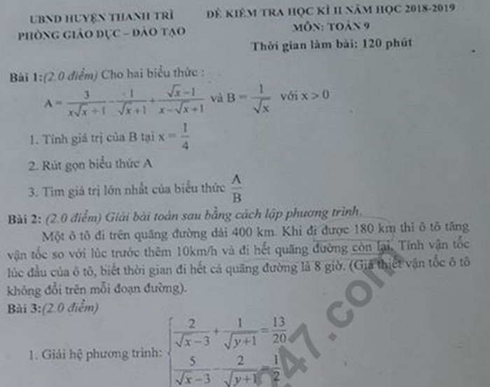 Đề thi học kì 2 lớp 9 môn Toán - Huyện Thanh Trì 2019