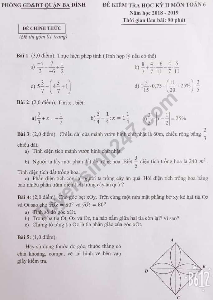 Đề thi kì 2 môn Toán lớp 6 Quận Ba Đình 2019