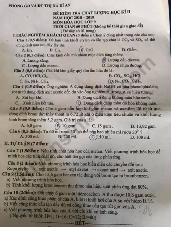 Đề thi kì 2 môn Hóa lớp 9 năm 2019 - Dĩ An