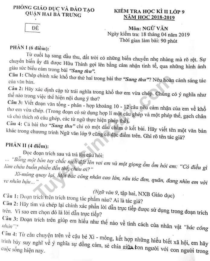 Đề kiểm tra kì 2 môn Văn lớp 9 Quận Hai Bà Trưng 2019