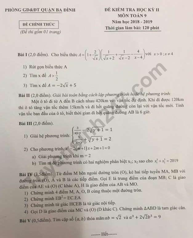 Đề thi kì 2 môn Toán lớp 9 Quận Ba Đình 2019