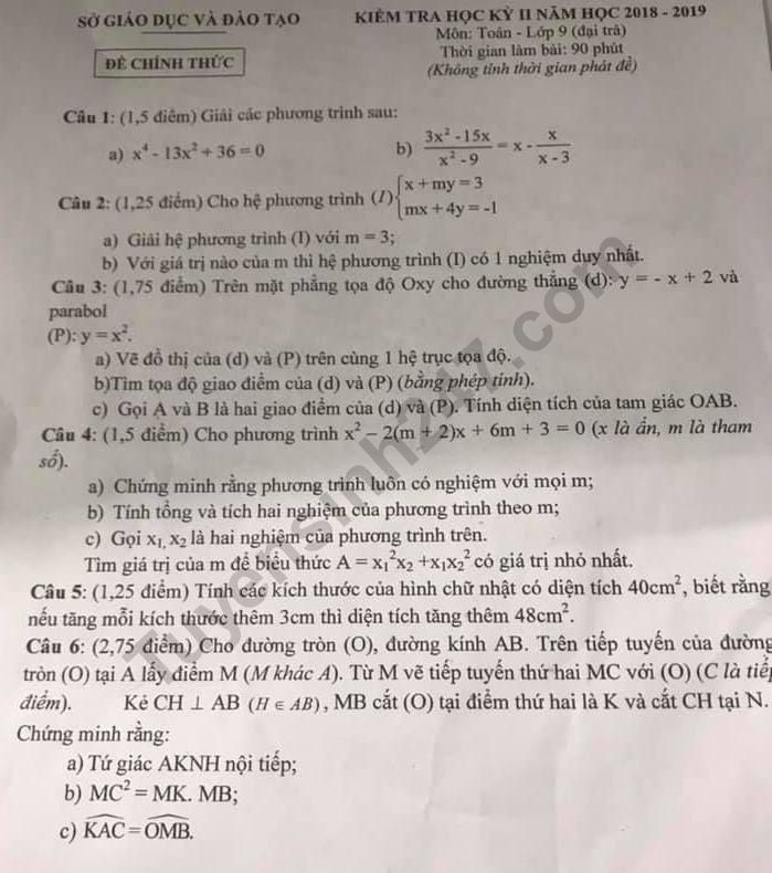 Đề thi kì 2 lớp 9 môn Toán 2019 - Sở GD Bình Dương
