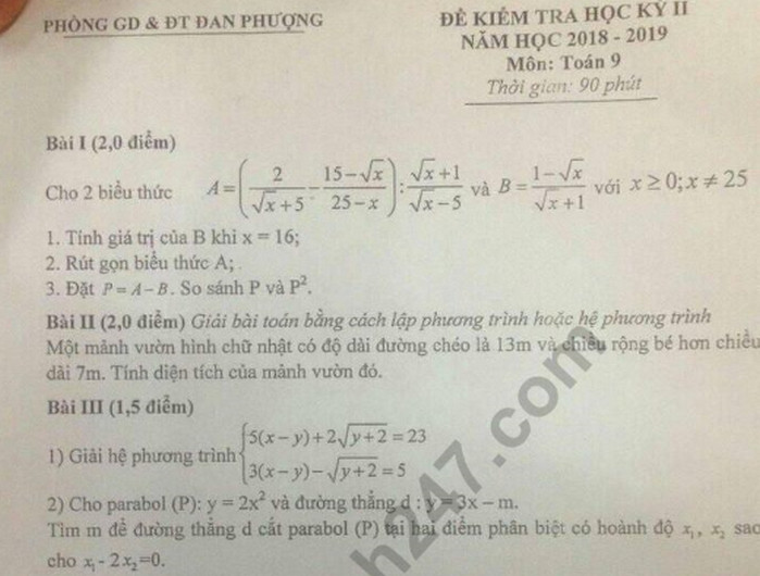 Đề thi học kì 2 lớp 9 môn Toán - Sở GD Đan Phượng 2019