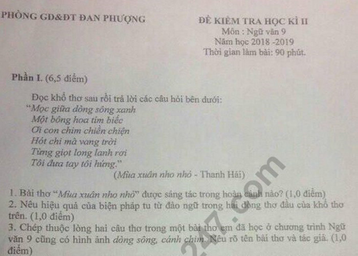 Đề thi học kì 2 môn Văn lớp 9 - Sở GD Đan Phượng 2019