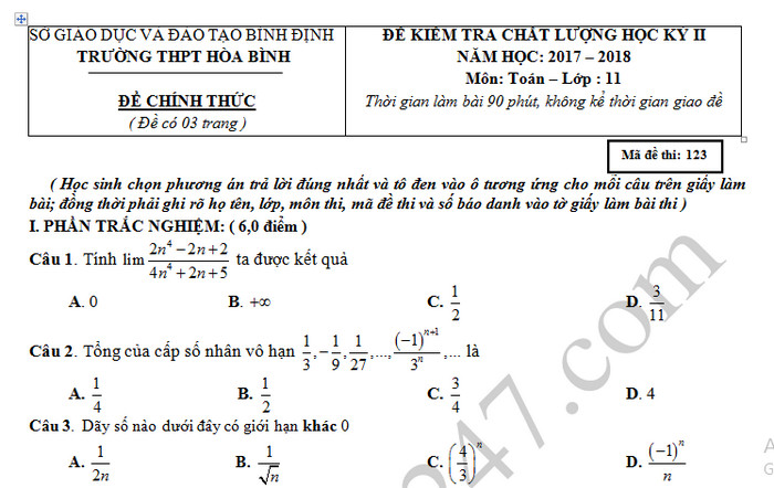 Đề thi học kì 2 môn Toán lớp 11 - THPT Hòa Bình 2018