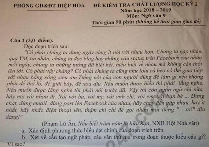 Đề thi học kì 2 lớp 9 môn Văn -  Phòng GD Hiệp Hòa 2019