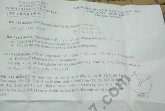 Đề thi học kì 2 lớp 9 môn Toán - Huyện Hóc Môn 2019
