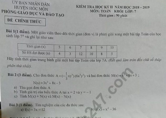 Đề thi học kì 2 lớp 7 môn Toán - Huyện Hóc Môn 2019