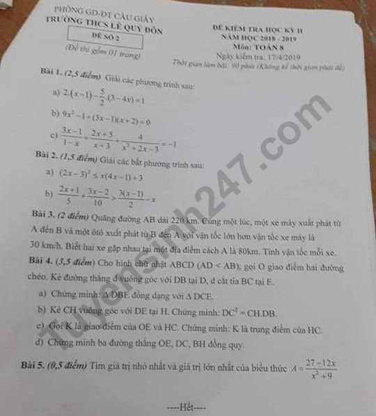 Đề thi kì 2 môn Toán lớp 8 Có đáp án - THCS Lê Quý Đôn 2019