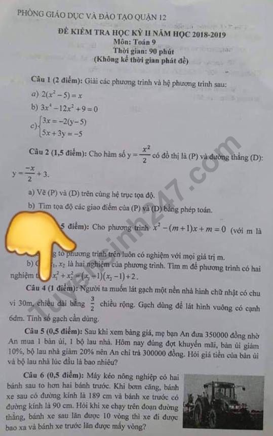 Đề thi kì 2 lớp 9 môn Toán năm 2019 Quận 12