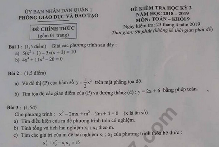 Đề thi học kì 2 lớp 9 môn Toán - Quận 1 năm 2019