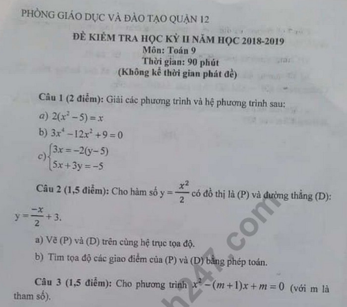 Đề thi học kì 2 lớp 9 môn Toán năm 2019 - Quận 12 