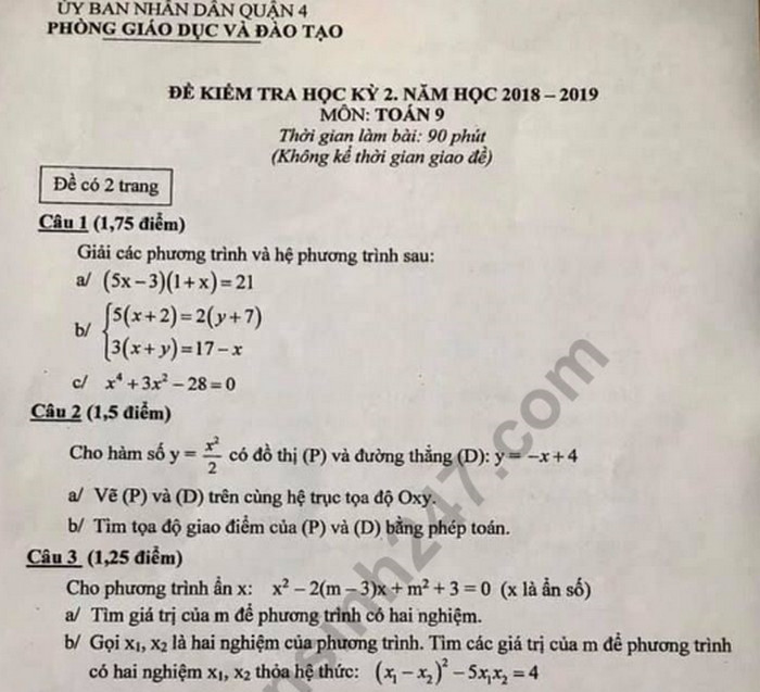Đề thi học kì 2 lớp 9 môn Toán năm 2019 - Quận 4