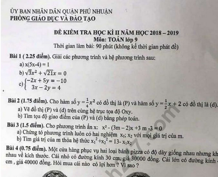 Đề thi học kì 2 môn Toán lớp 9 - Quận Phú Nhuận 2019