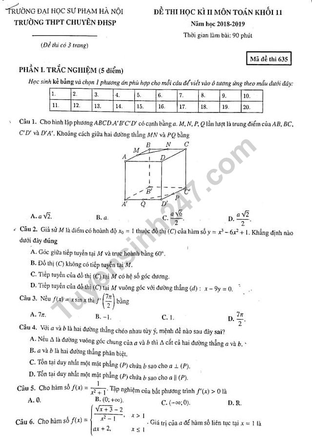 Đề thi kì 2 môn Toán lớp 11 - THPT Chuyên ĐH Sư phạm HN 2019