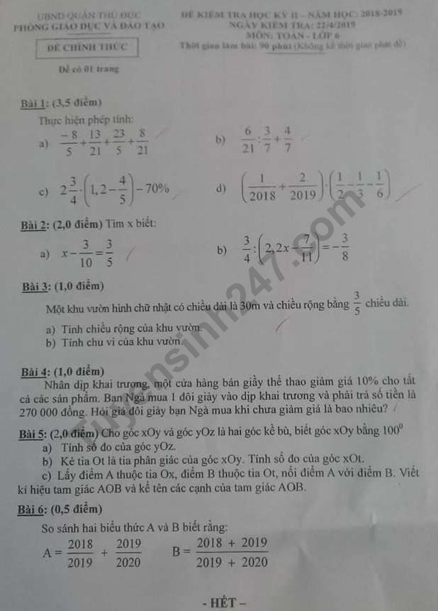 Đề thi môn Toán lớp 6 kì 2 năm 2019 - Quận Thủ Đức