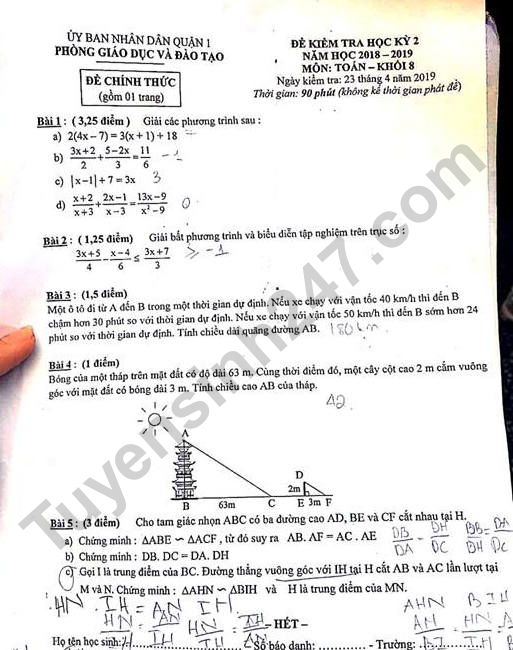 Đề thi kì 2 môn Toán lớp 8 năm 2019 - Quận 1