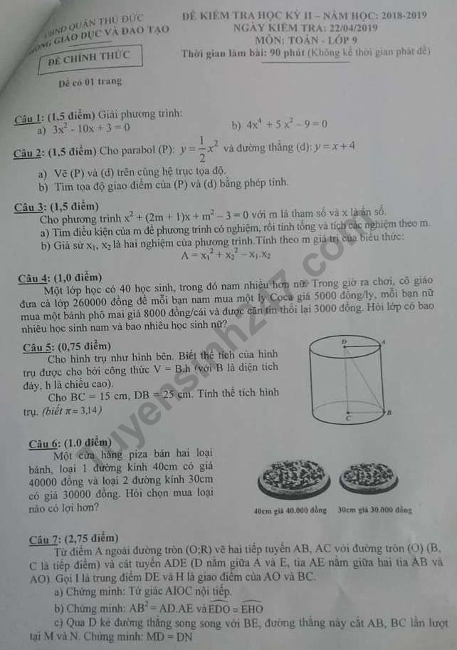 Đề thi kì 2 lớp 9 môn Toán 2019 - Quận Thủ Đức