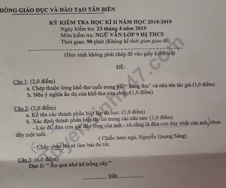 Đề thi môn Văn lớp 9 học kì 2 - Phòng GD Tân Biên 2019