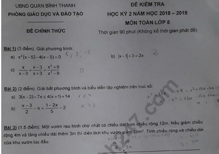 Đề thi học kì 2 lớp 8 môn Toán - Quận Bình Thạnh 2019