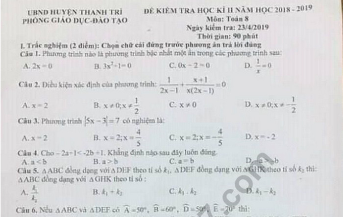 Đề thi học kì 2 lớp 8 môn Toán - Huyện Thanh Trì năm 2019