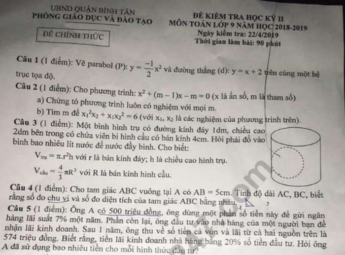 Đề thi học kì 2 môn Toán lớp 9 - Quận Bình Tân 2019