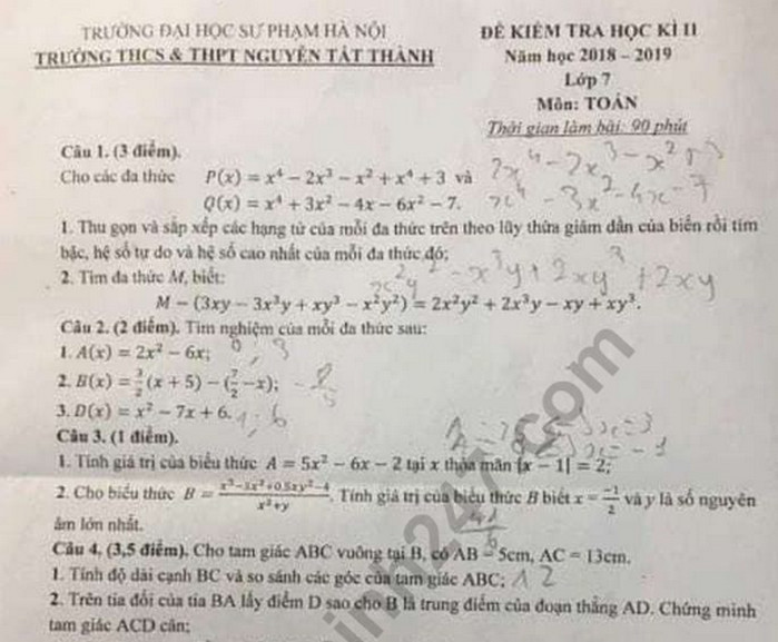 Đề thi học kì 2 lớp 7 môn Toán - THCS Nguyễn Tất Thành 2019