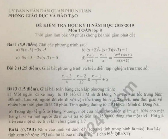 Đề thi học kì 2 môn Toán lớp 8 - Quận Phú Nhuận 2019