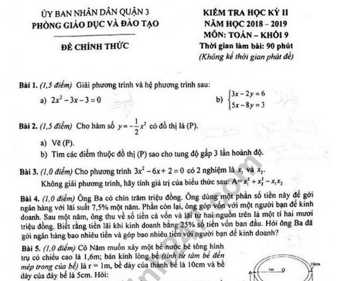Đề thi học kỳ 2 môn Toán lớp 9 - Phòng GD Quận 3 năm 2019