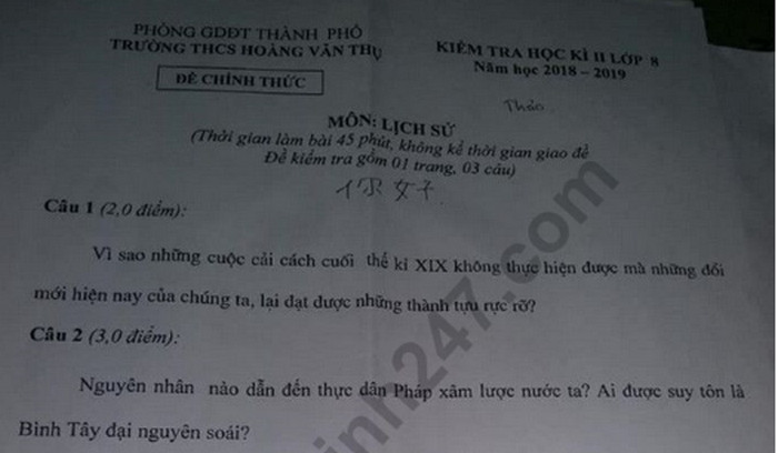 Đề thi học kì 2 lớp 8 môn Sử - THCS Hoàng Văn Thụ 2019