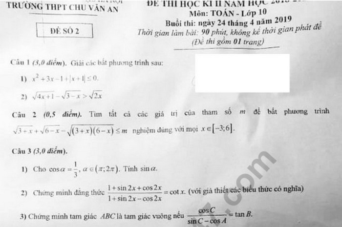 Đề thi học kì 2 môn Toán lớp 10 - THPT Chu Văn An 2019