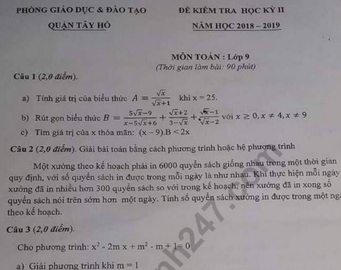 Đề thi học kì 2 môn Toán lớp 9 - Quận Tây Hồ 2019