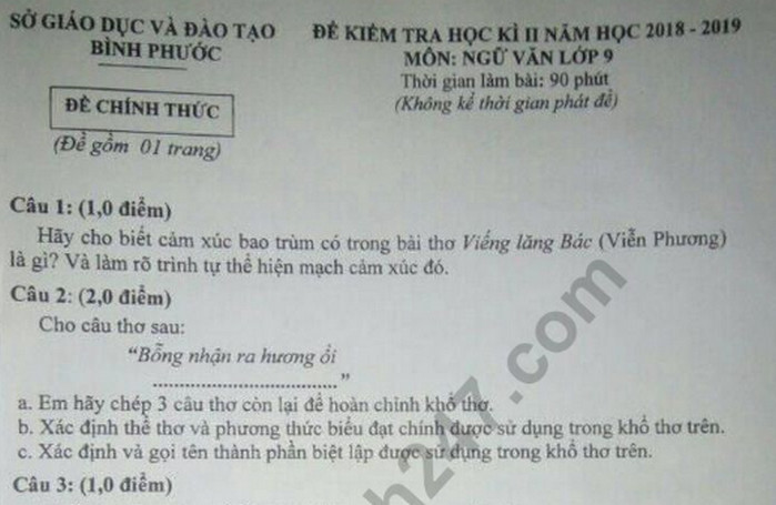 Đề thi học kì 2 môn Văn lớp 9 - Sở GD Bình Phước 2019