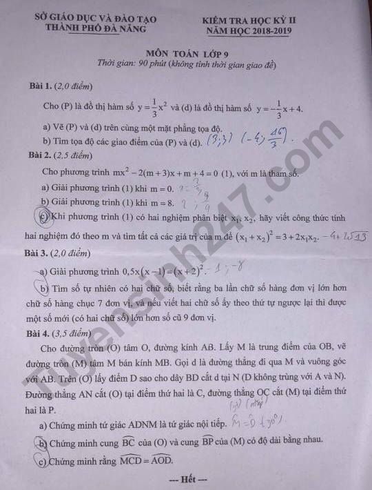 Đề thi học kì 2 môn Toán lớp 9 năm 2019 - Sở GD Đà Nẵng