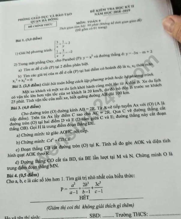 Đề kiểm tra kì 2 môn Toán lớp 9 năm 2019 Quận Hà Đông