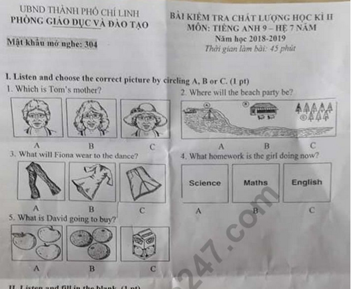 Đề thi học kì 2 lớp 9 môn Anh - Thành phố Hồ Chí Minh 2019