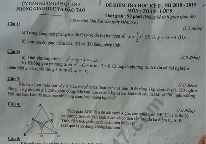 Đề thi học kì 2 lớp 9 môn Toán - Quận 5 năm 2019
