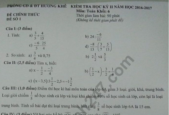 Đề thi học kì 2 lớp 6 môn Toán - Phòng GD Hương Khê 2019