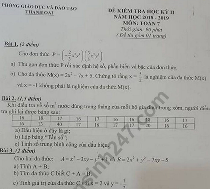 Đề thi học kì 2 môn Toán lớp 7 - Phòng GD Thanh Oai 2019