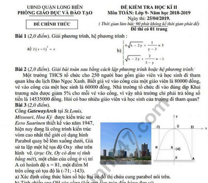 Đề thi học kì 2 lớp 9 môn Toán - Quận Long Biên 2019