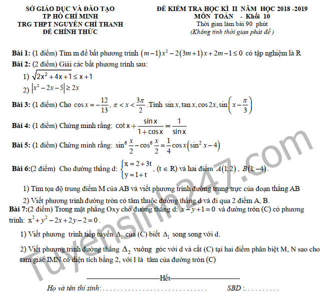 Đề thi kì 2 môn Toán lớp 10 THPT Nguyễn Chí Thanh 2019 - Có đáp án