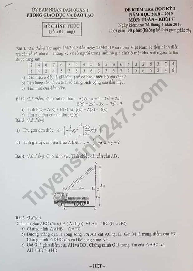 Đề thi kì 2 môn Toán lớp 7 Quận 1 năm 2019