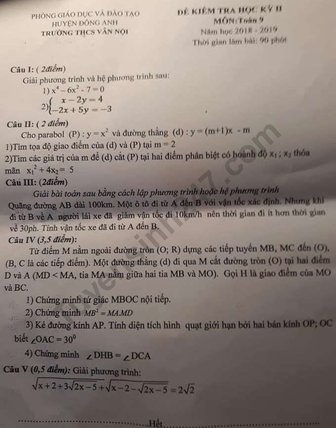 Đề thi kì 2 môn Toán lớp 9 THCS Vân Nội 2019