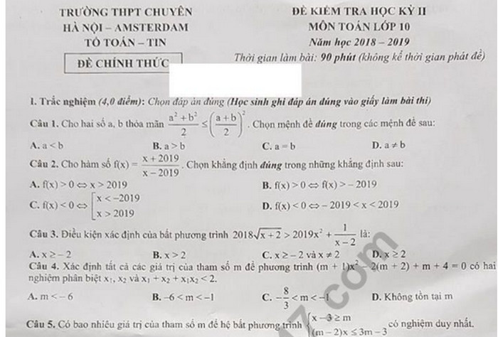 Đề thi học kì 2 môn Toán lớp 10 năm 2019 - Chuyên Amsterdam