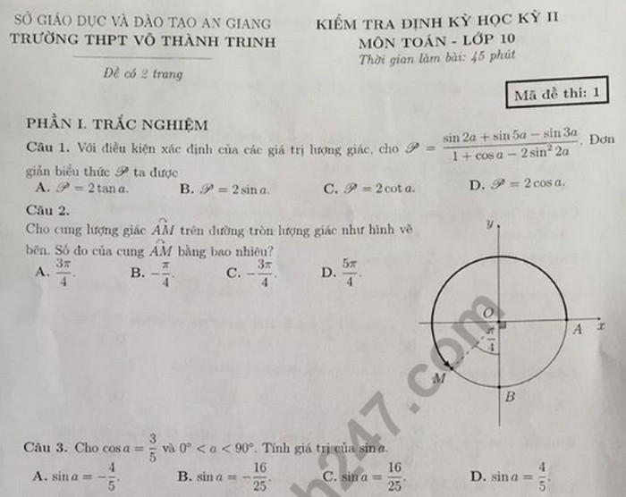 Đề thi học kì 2 lớp 10 môn Toán - THPT Võ Thành Trinh 2019