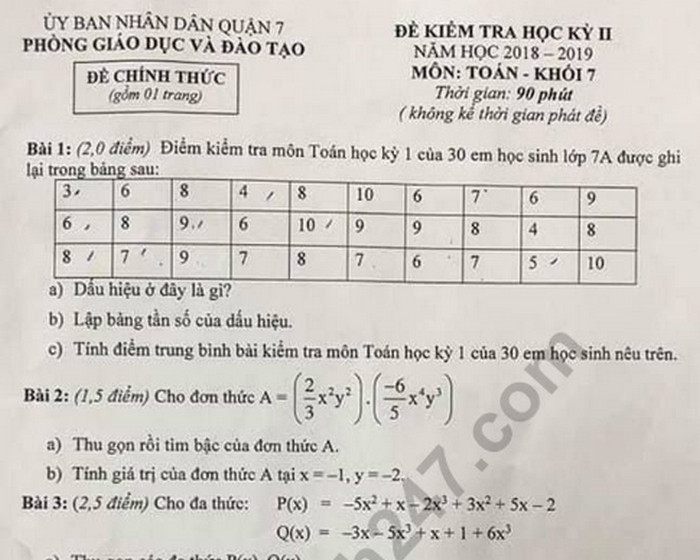 Đề thi học kì 2 lớp 7 môn Toán - Quận 7 năm 2019