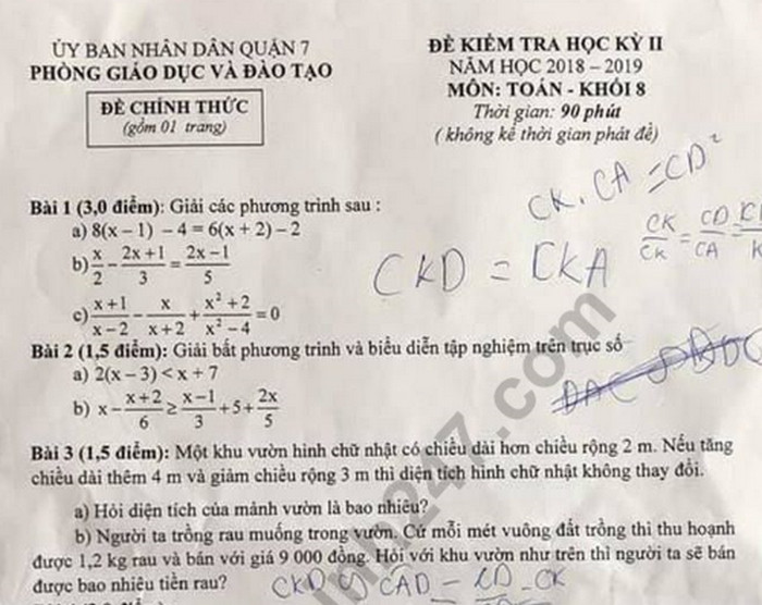 Đề thi học kì 2 môn Toán lớp 8 2019 quận 7