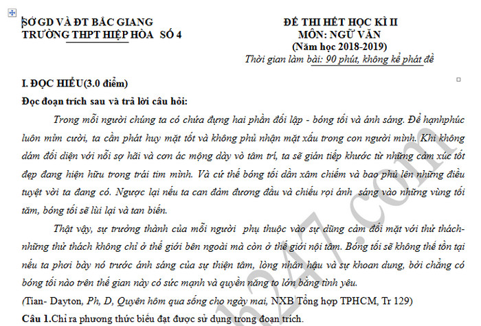 Đề thi học kì 2 lớp 12 môn Văn - THPT Hiệp Hòa Số 4 năm 2019